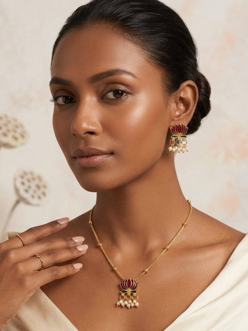 Vibrant Lotus Enamel & Pearl Gold-Tone Jewellery Set