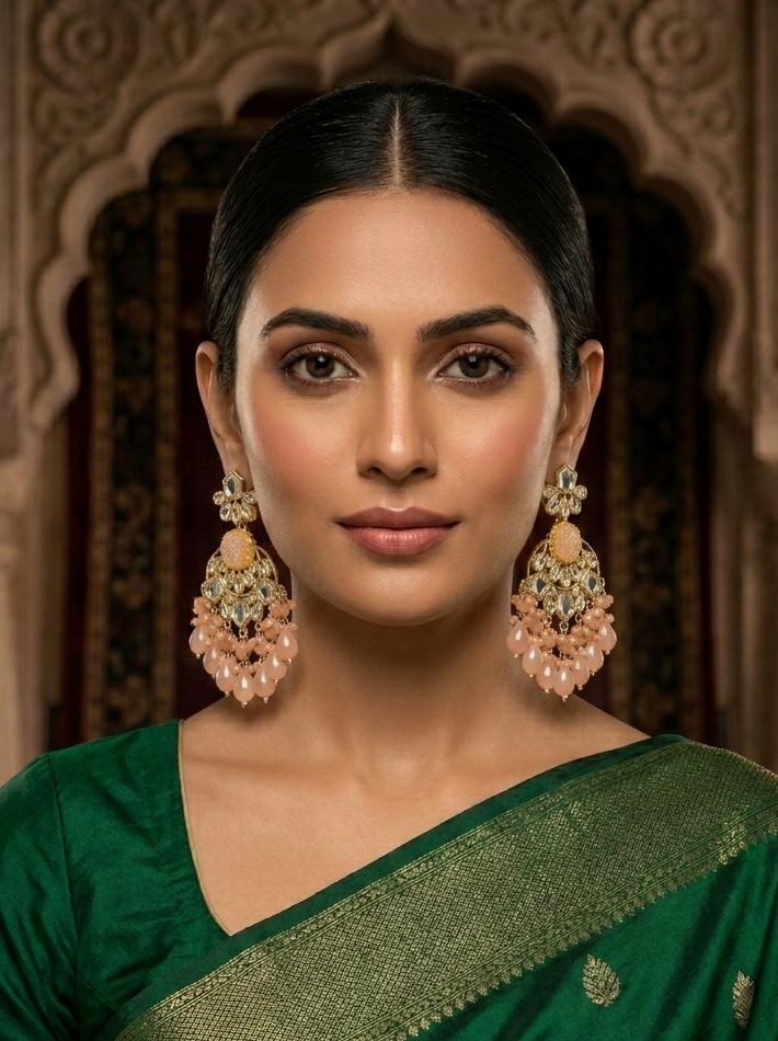 Peach Pastel Ethnic Earrings for Weddings - Kundan & Bead Work Chandbali