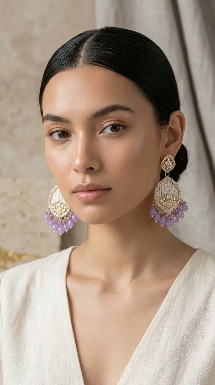 Amethyst & Pearl Kundan Teardrop Jhumka Earrings – Pastel Lavender Collection