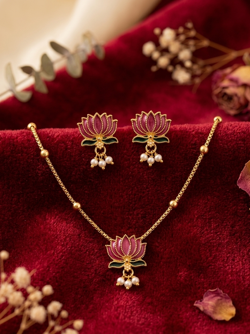 Padma Arpan: Hand-Enamelled Lotus Meenakari Necklace & Earring Set