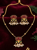 Vibrant Lotus Enamel & Pearl Gold-Tone Jewellery Set