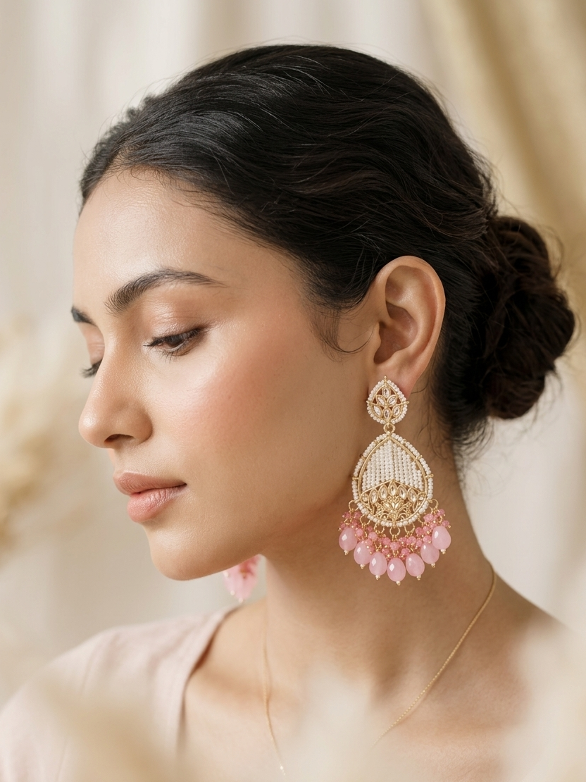 Pastel Pink & Pearl Handcrafted Chandbali Earrings
