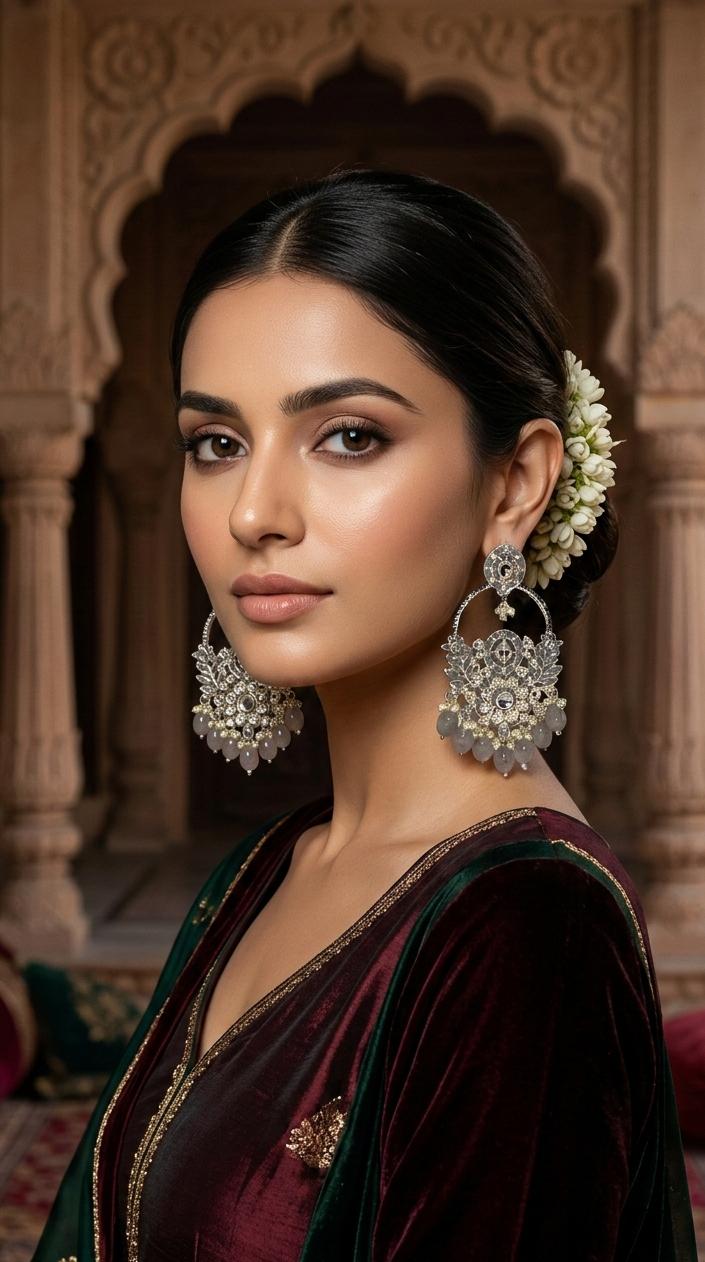 Vintage-Style Grey Kundan Chandbali Earrings with Pearl Droplets