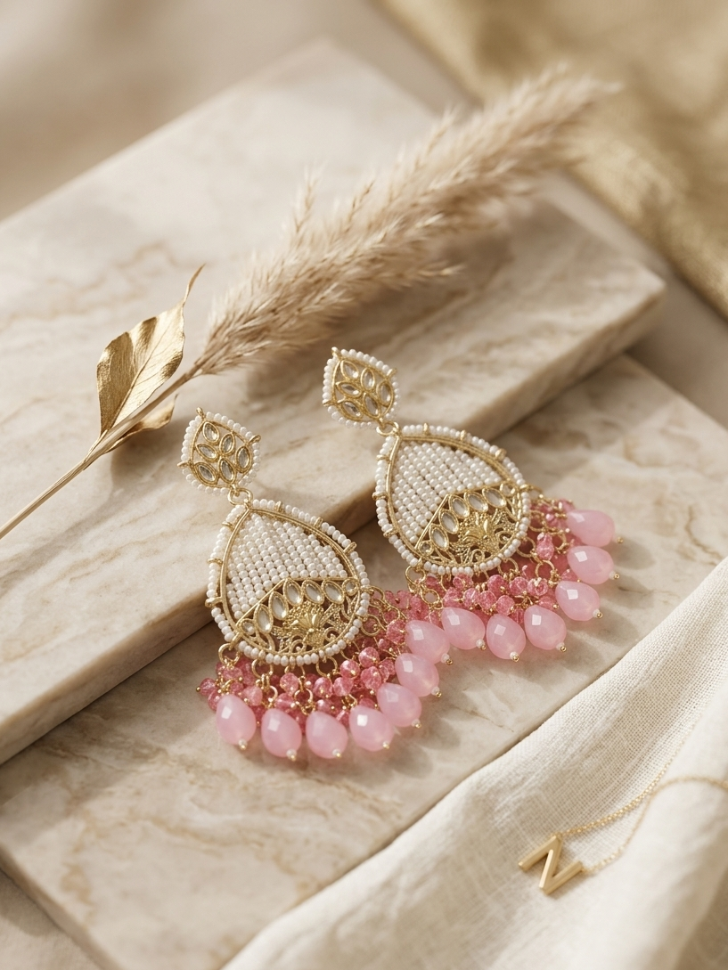 Pastel Pink & Pearl Handcrafted Chandbali Earrings