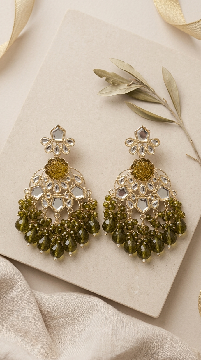 Mehendi Green Floral Kundan Jhumkas with Drop Beads