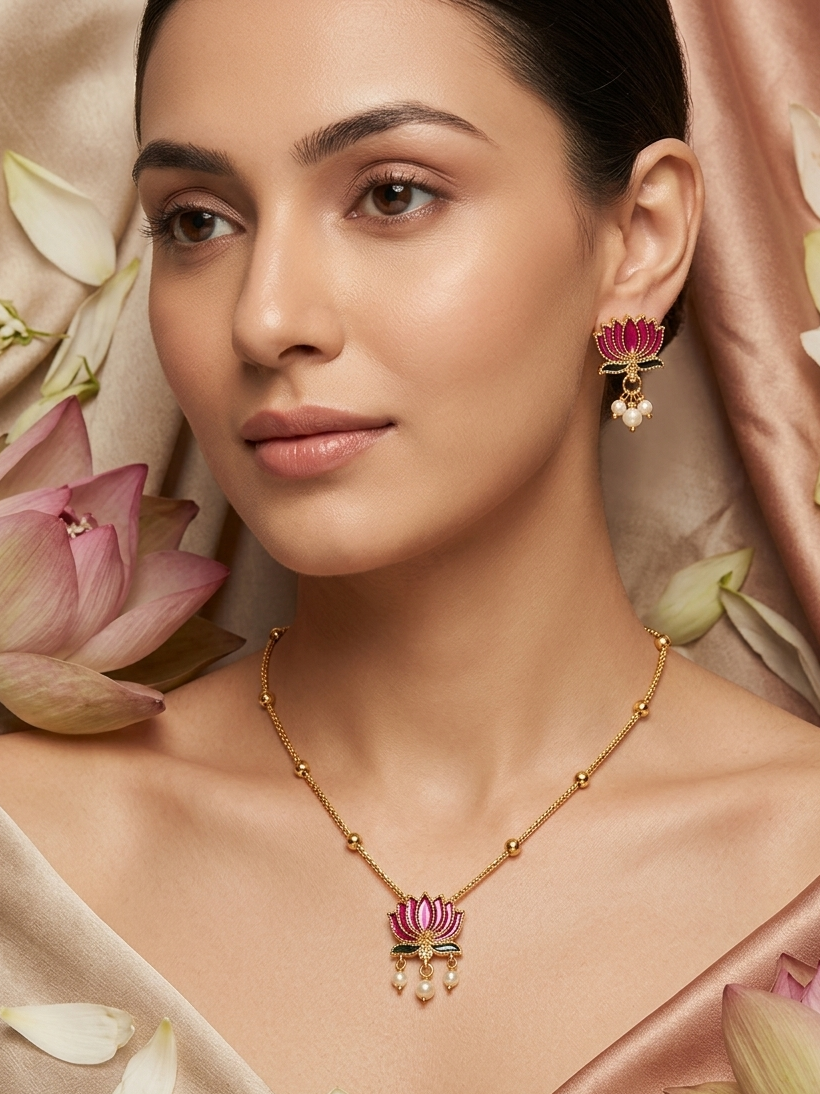 Padma Arpan: Hand-Enamelled Lotus Meenakari Necklace & Earring Set