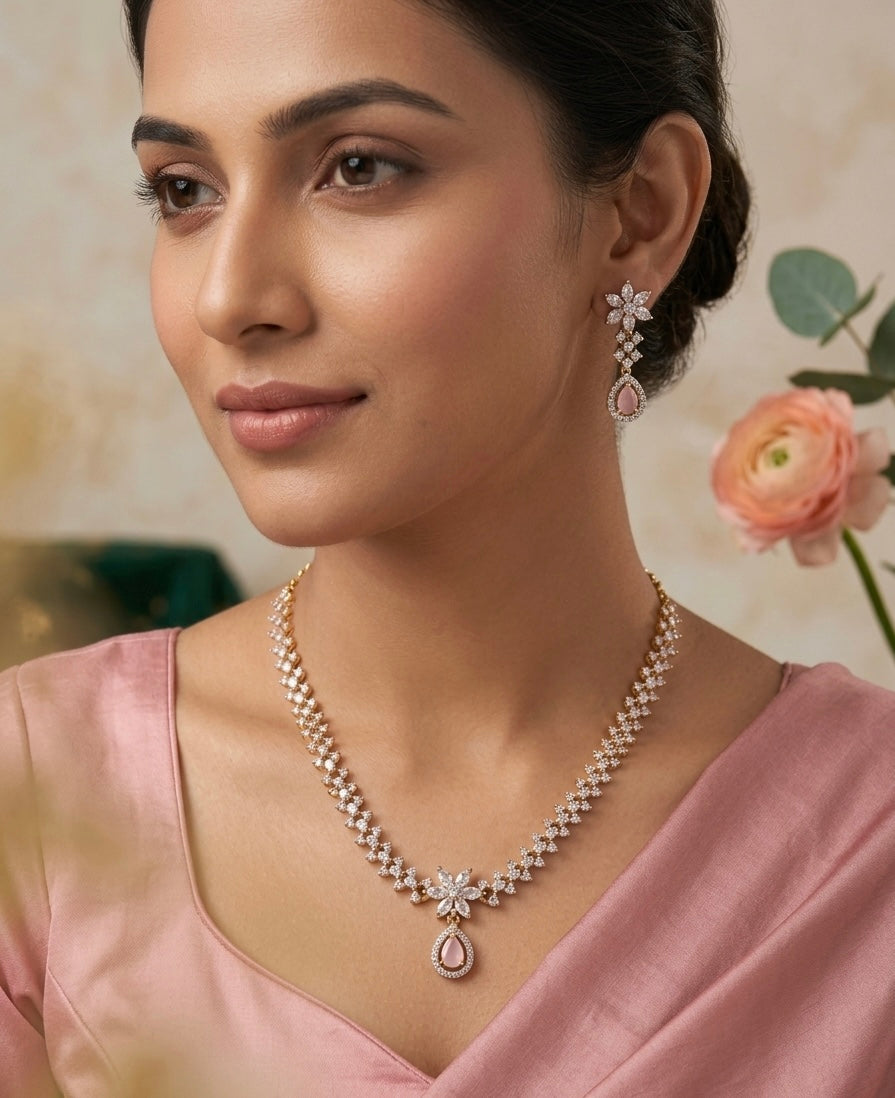 Zirconia & Blush Pink Stone Floral Necklace Set