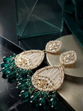 Midnight Teal & Ivory Pearl Drop Earrings – Victorian-Inspired Traditional Chandbalis with Filigree Gold Work