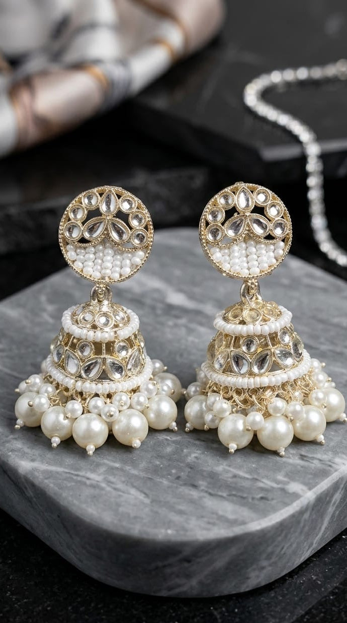 Regal Pearl & Kundan Studded Gold-Plated Jhumka Earrings