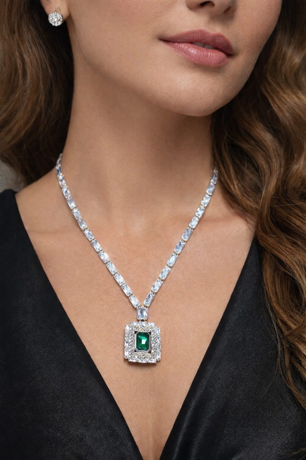 Interchangeable Emerald-Cut Statement Necklace & Earring Set with Multi-Color Gemstones