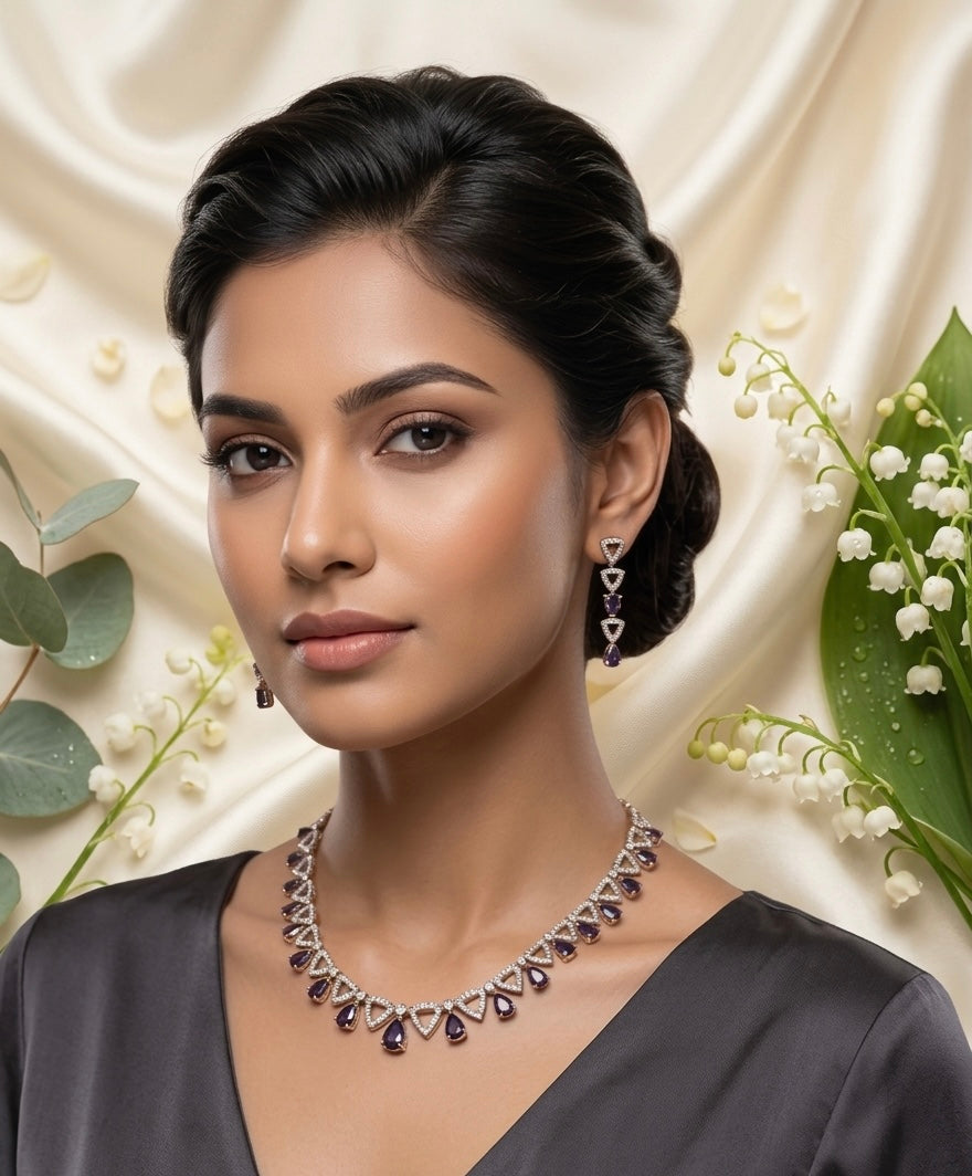 The Amethyst Aura: Triangular Pear-Drop Necklace & Earring Set