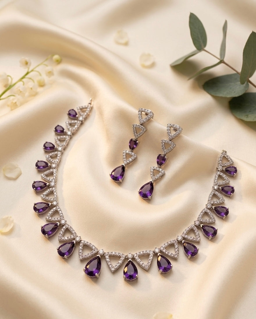 The Amethyst Aura: Triangular Pear-Drop Necklace & Earring Set
