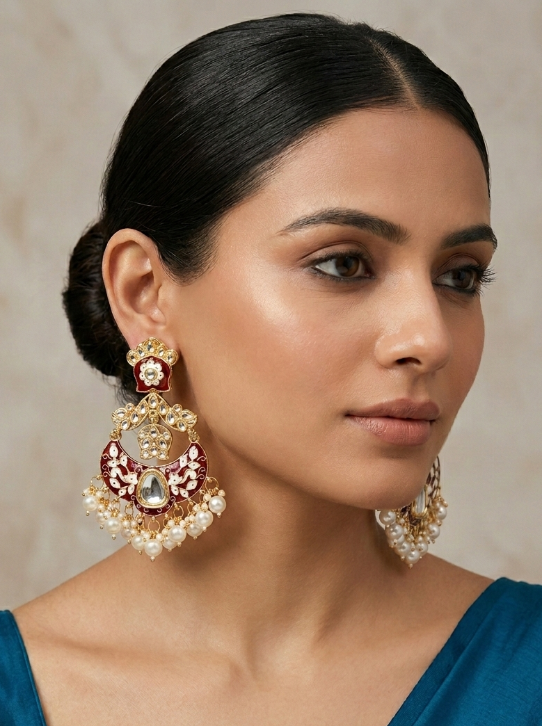 Maroon Meenakari & Kundan Chandbali Earrings with Pearl Droplets