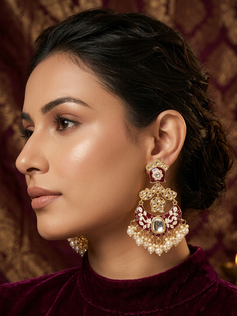 Maroon Meenakari & Kundan Chandbali Earrings with Pearl Droplets