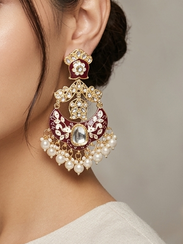 Maroon Meenakari & Kundan Chandbali Earrings with Pearl Droplets