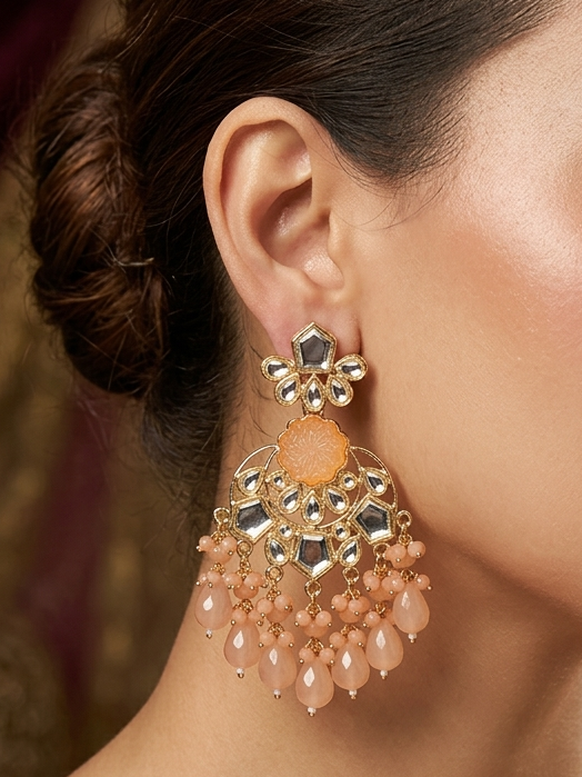 Peach Pastel Ethnic Earrings for Weddings - Kundan & Bead Work Chandbali