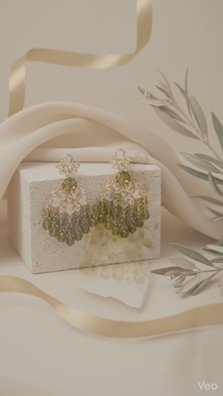 Mehendi Green Floral Kundan Jhumkas with Drop Beads