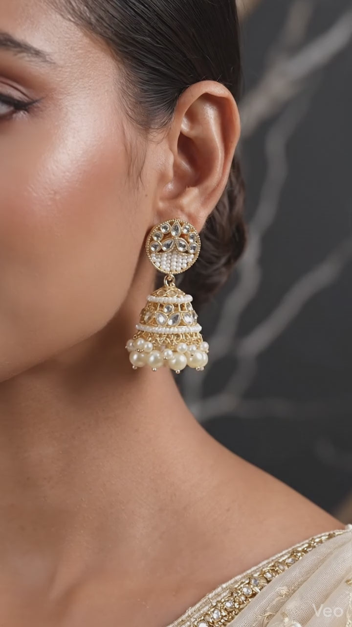 Regal Pearl & Kundan Studded Gold-Plated Jhumka Earrings