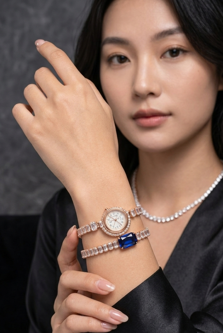 The Scarlet Muse | Rose Gold Baguette Watch & Black Simulant Bracelet Set