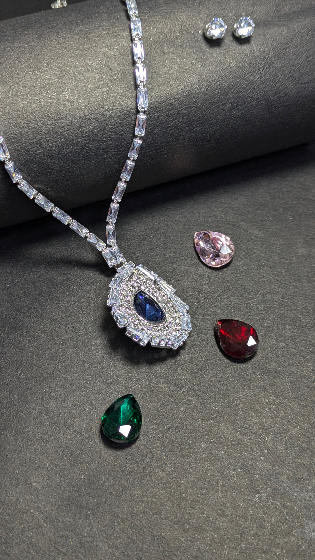 Elegance In Motion: 4-in-1 Interchangeable Crystal Halo Pendant Set with Baguette Chain & Matching Studs