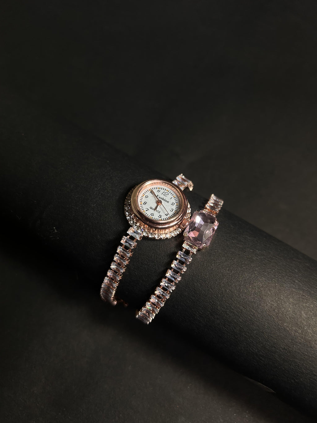 The Scarlet Muse | Rose Gold Baguette Watch & Pink Simulant Bracelet Set