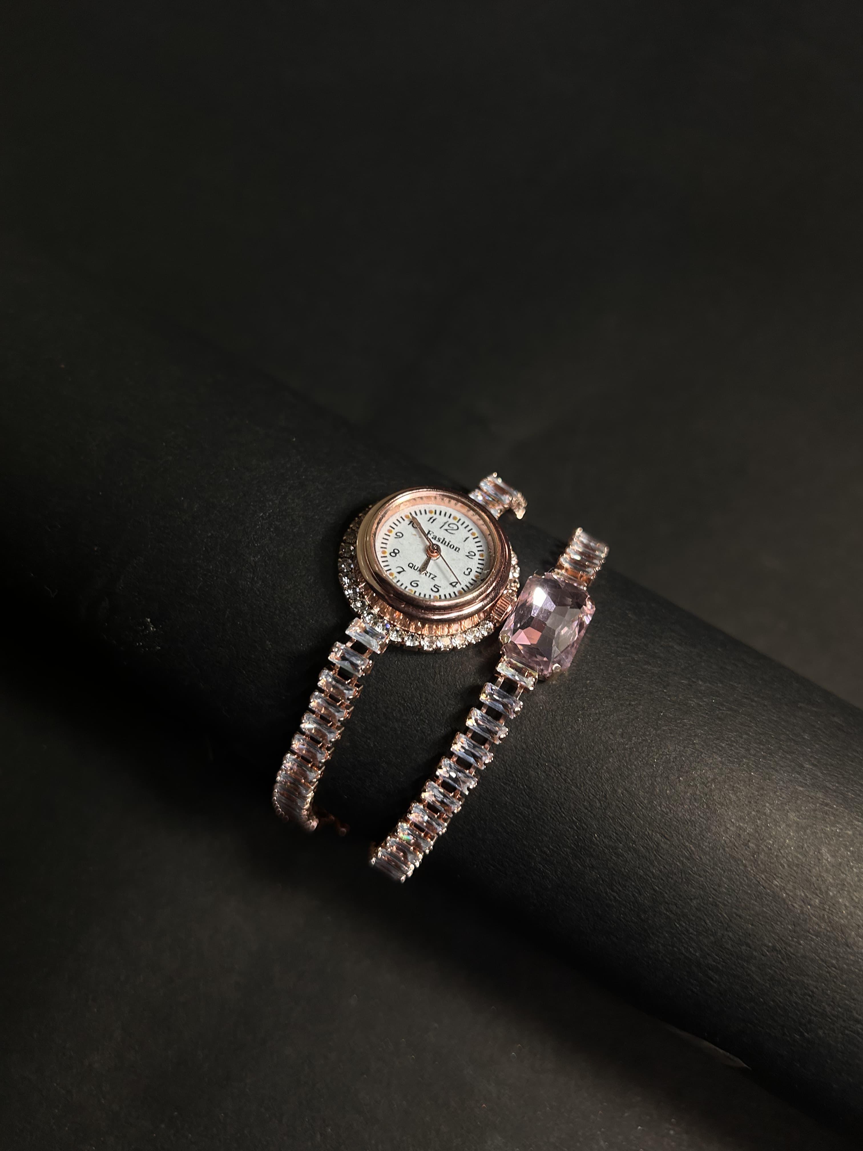 The Scarlet Muse | Rose Gold Baguette Watch & Pink Simulant Bracelet Set