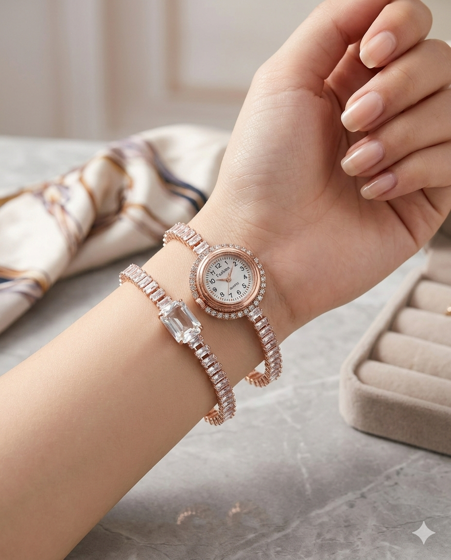 The Scarlet Muse | Rose Gold Baguette Watch & Diamond Simulant Bracelet Set