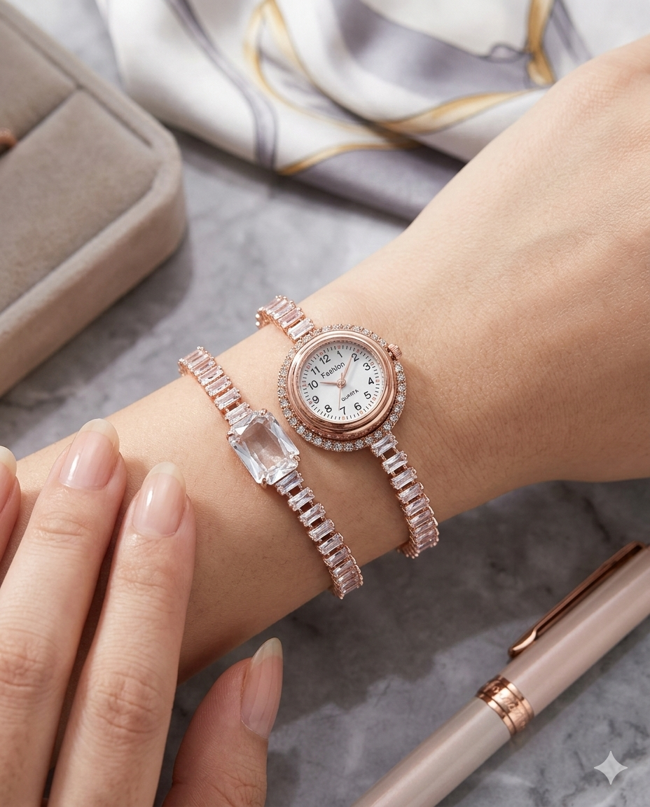 The Scarlet Muse | Rose Gold Baguette Watch & Diamond Simulant Bracelet Set