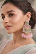 "Blush Bloom" Intricate Floral Chandbali Dangles with Rose Quartz-style Droplets