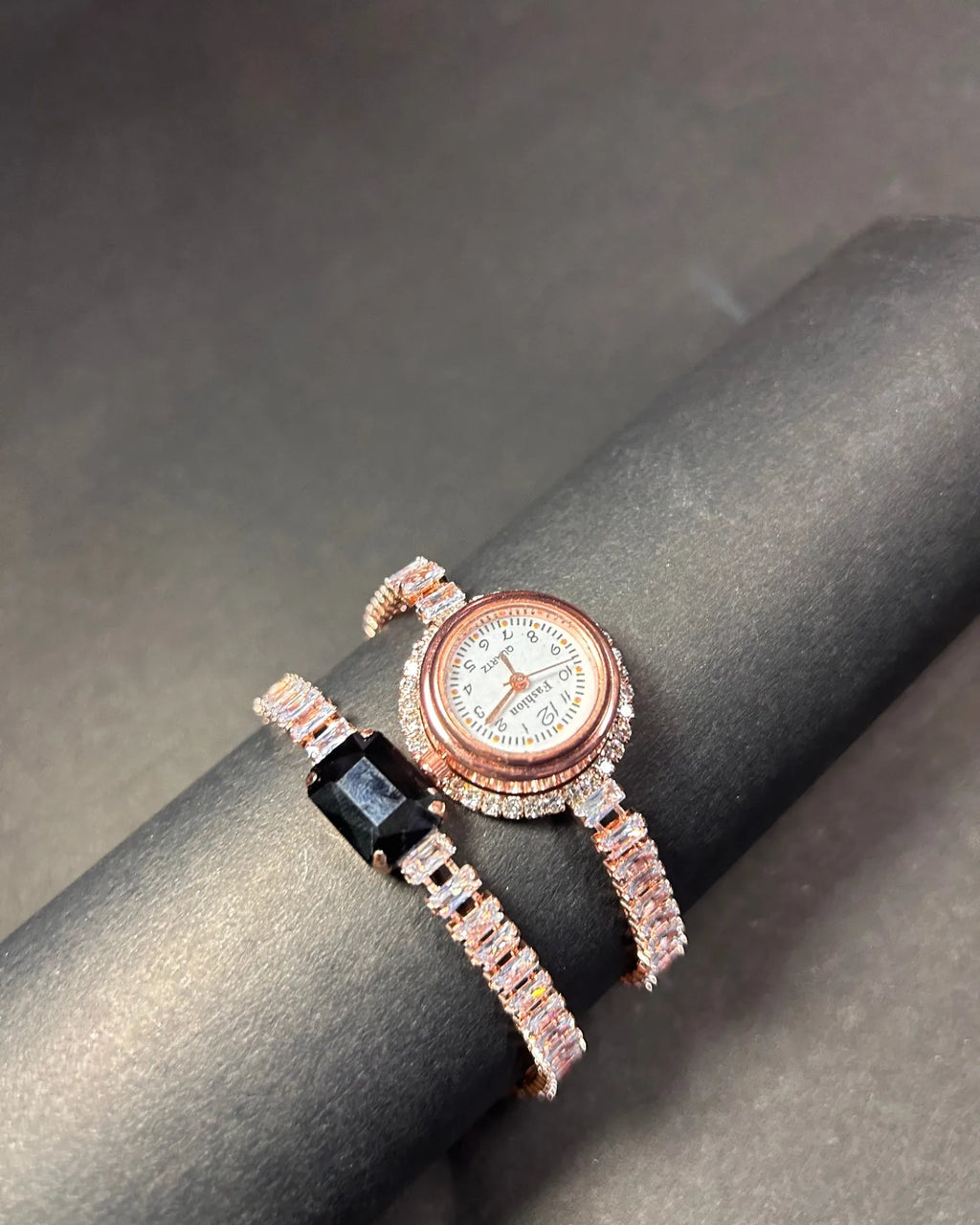 The Scarlet Muse | Rose Gold Baguette Watch & Black Simulant Bracelet Set
