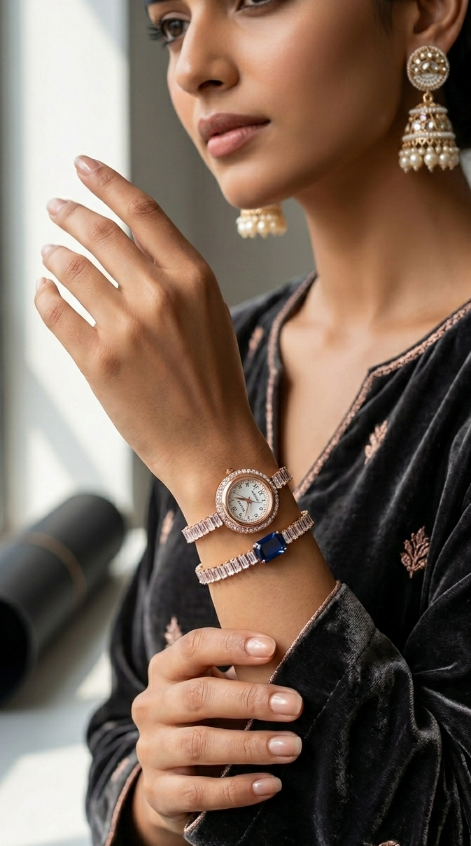 Woman wearing a watch, bracelet, and earrings with a blurred background