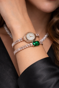The Scarlet Muse | Rose Gold Baguette Watch & Emrald Simulant Bracelet Set