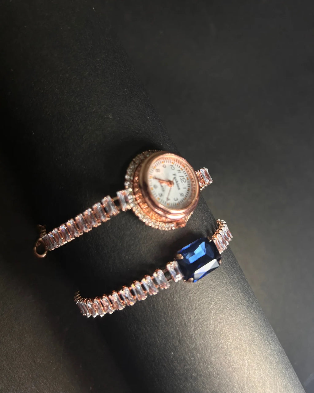 The Scarlet Muse | Rose Gold Baguette Watch & kyanite Simulant Bracelet Set