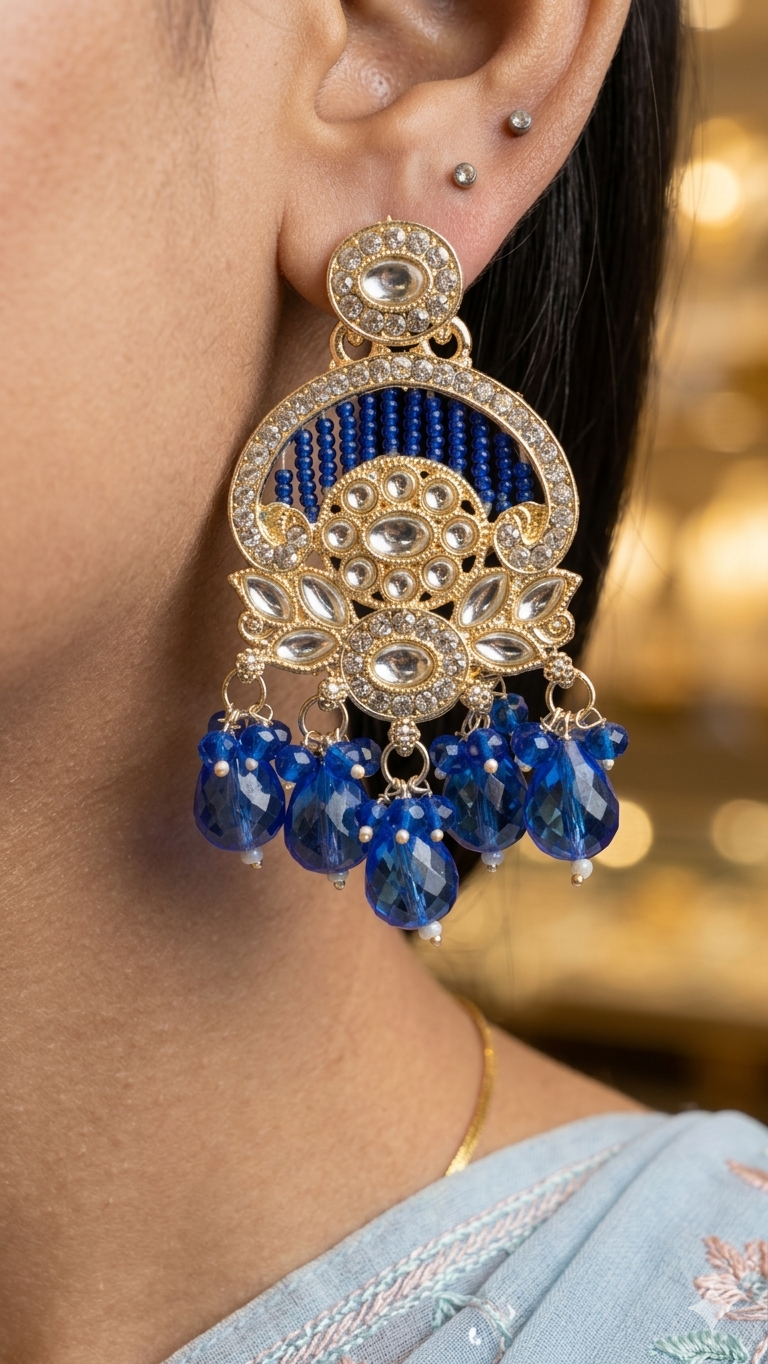 Midnight Blue Kundan Chandbalis with Faceted Drop Beads