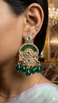 Elegant Emerald Green Kundan Chandbali Earrings with Gold Plating