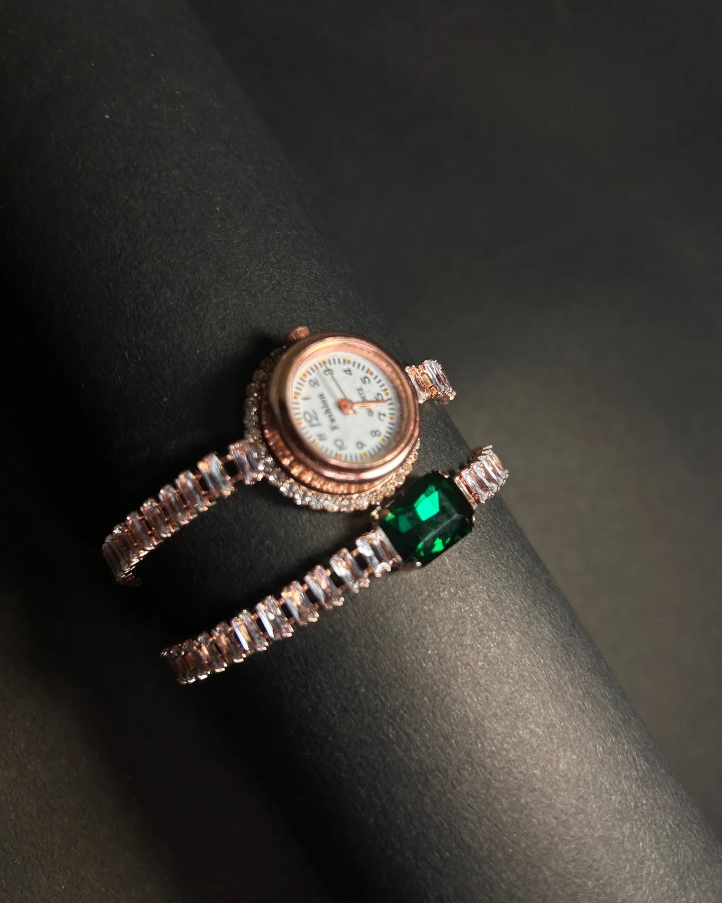 The Scarlet Muse | Rose Gold Baguette Watch & Emrald Simulant Bracelet Set