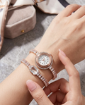 The Scarlet Muse | Rose Gold Baguette Watch & Diamond Simulant Bracelet Set
