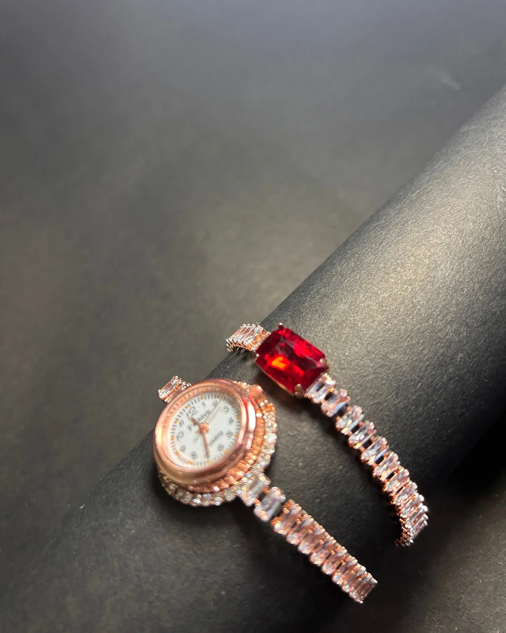 The Scarlet Muse | Rose Gold Baguette Watch & Ruby Simulant Bracelet Set